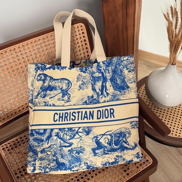 Christian Dior Large Dioriviera Blue Straw  Tote Bag - Picture 1 of 3